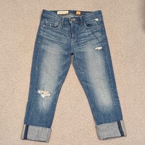 Blue Cropped Ankle Jeans with Distressed Details